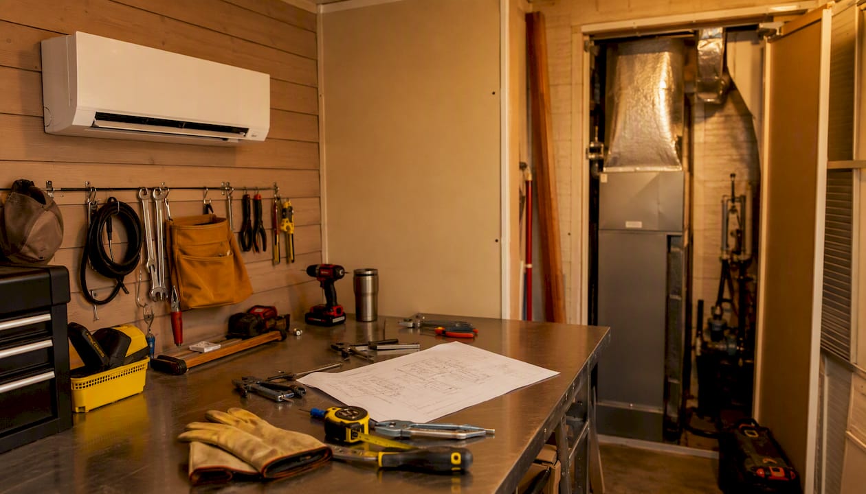Residential mechanical room with ducted and ductless HVAC systems