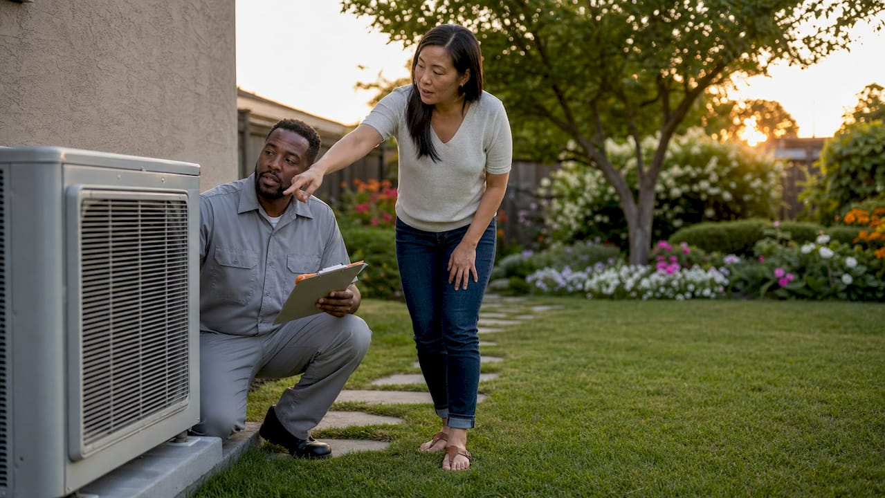 HVAC technician consulting with homeowner outside