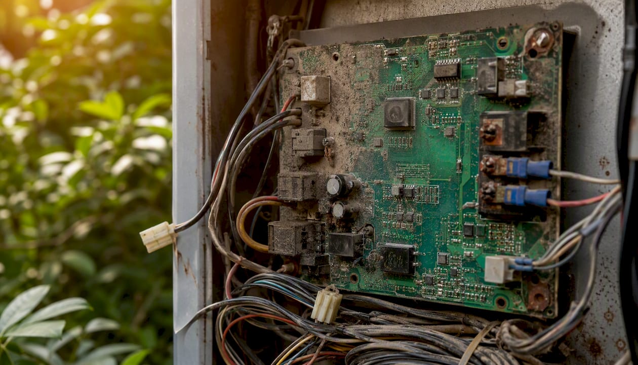 Close-up of dusty, corroded HVAC control board