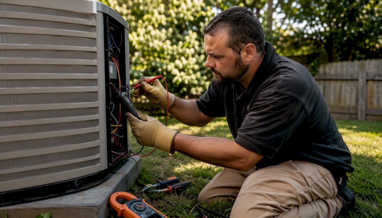 Technician testing outdoor condenser with tools