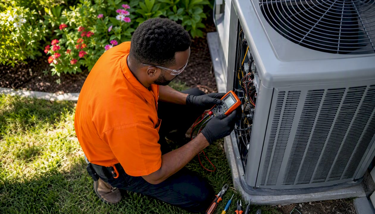 HVAC technician repairing outdoor AC unit