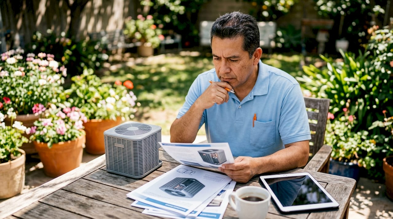 Homeowner reviewing HVAC alternatives at kitchen table