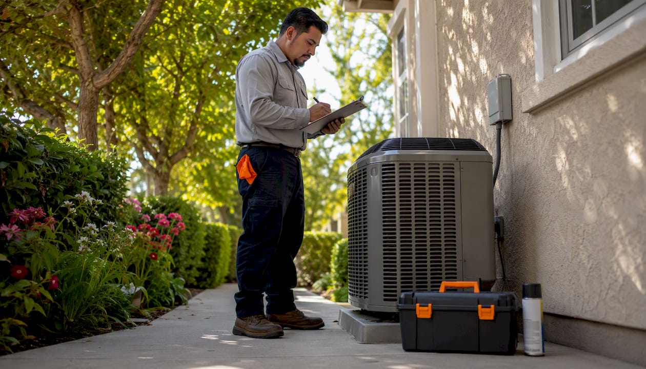 Technician inspecting outdoor air conditioning unit