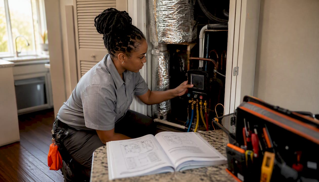 Technician performing HVAC maintenance indoors