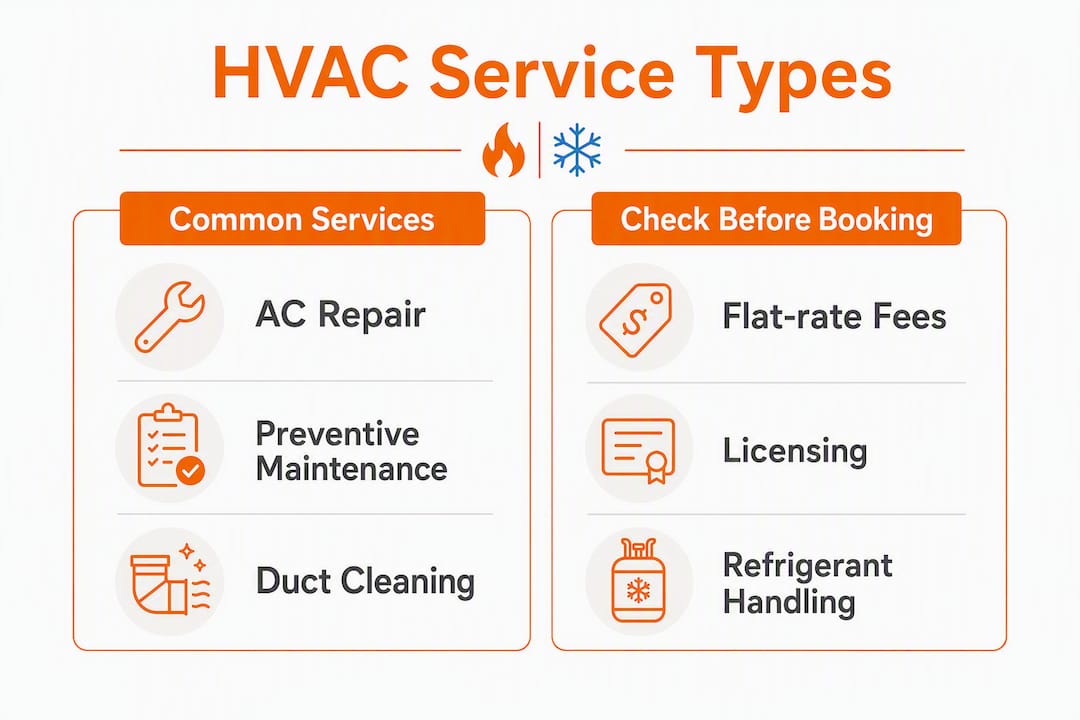 Infographic comparing common HVAC services and booking considerations