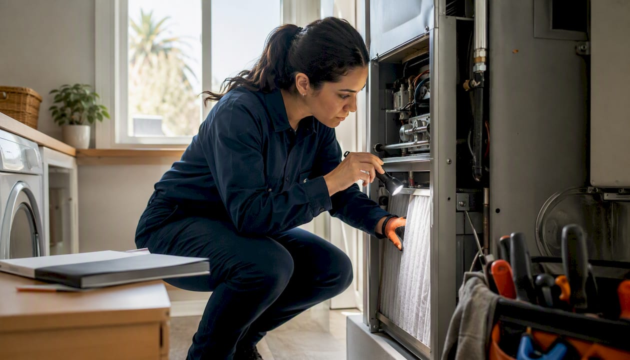 Technician inspecting furnace in basement