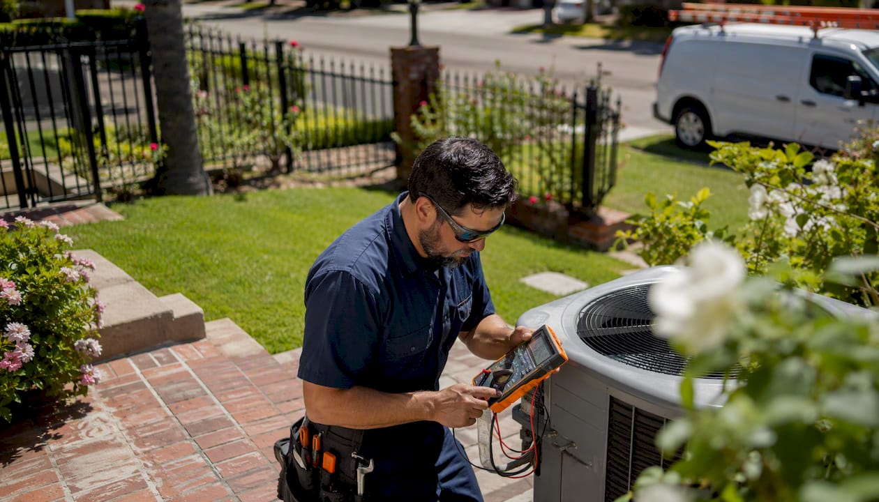 HVAC technician testing AC unit outdoors