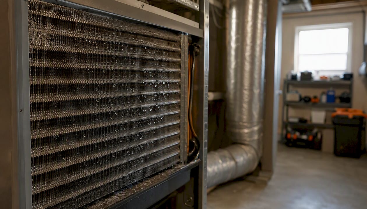 Condensation forming on indoor HVAC coil fins