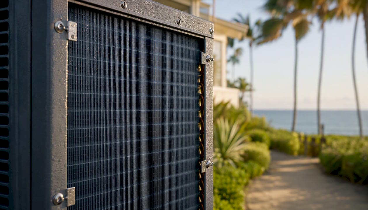Close-up of corrosion-resistant HVAC coil outdoors