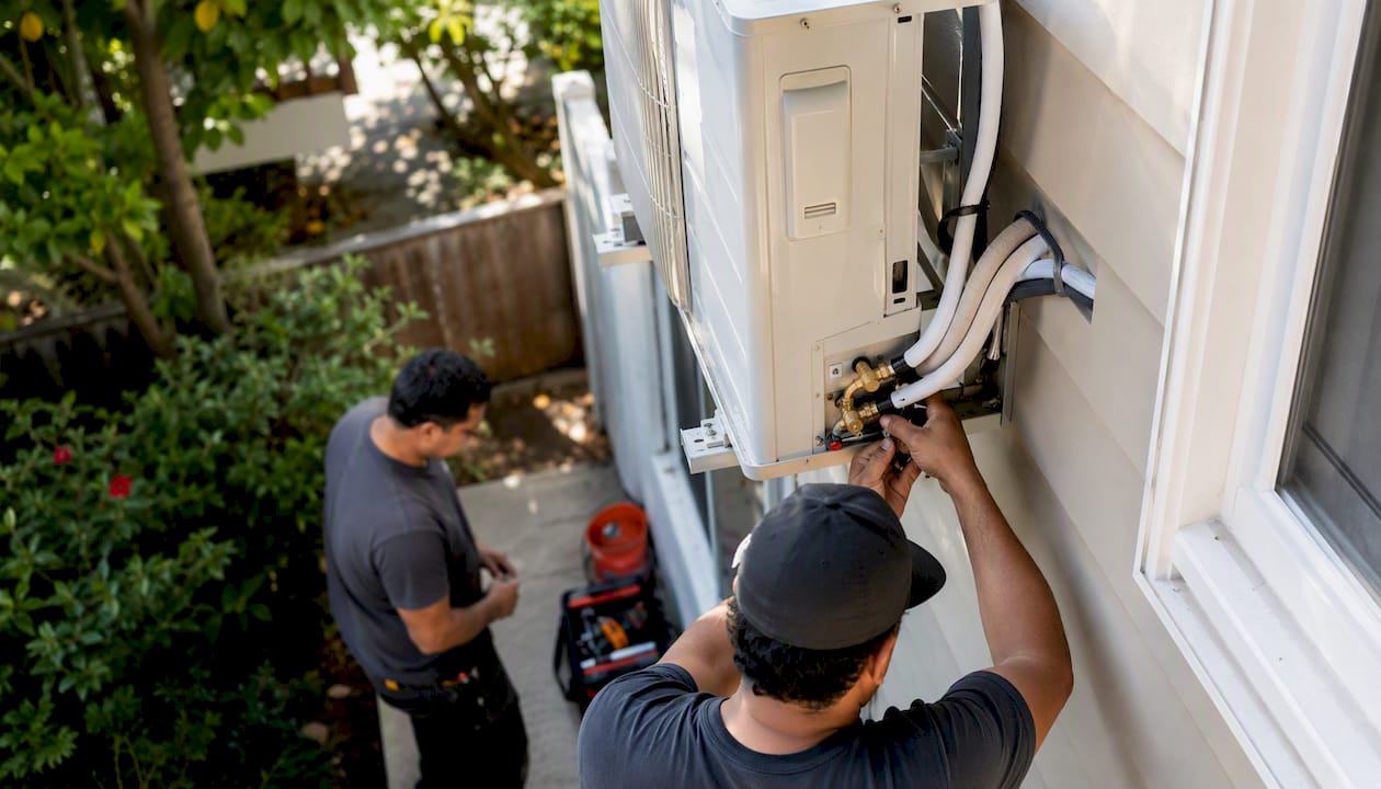 Technician installing heat pump on LA Craftsman home