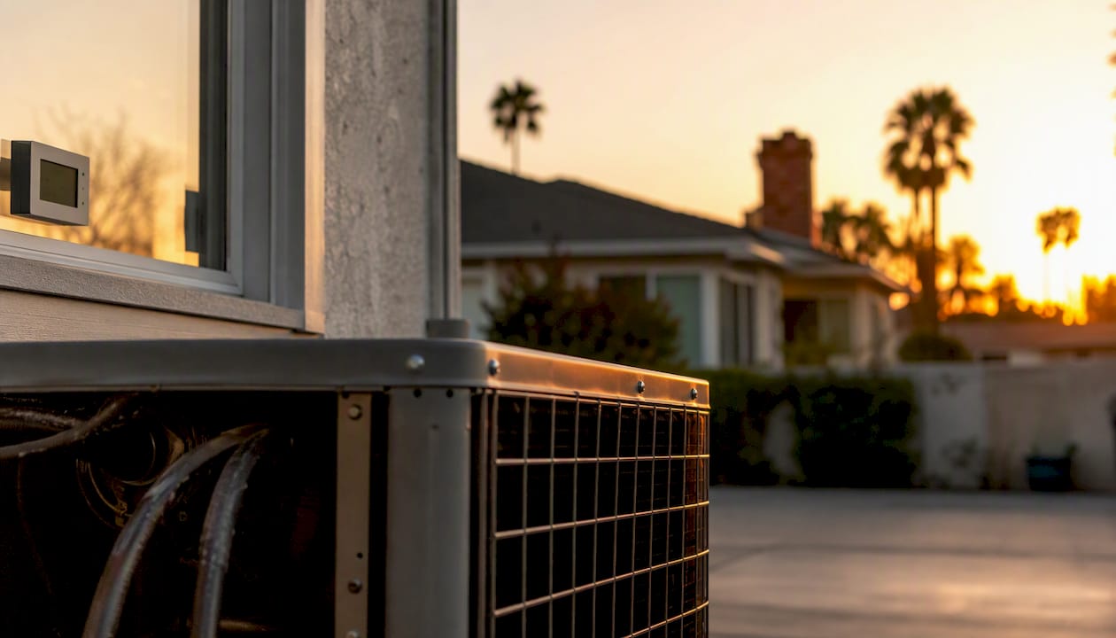 Partial HVAC compressor view in sunny outdoor setting