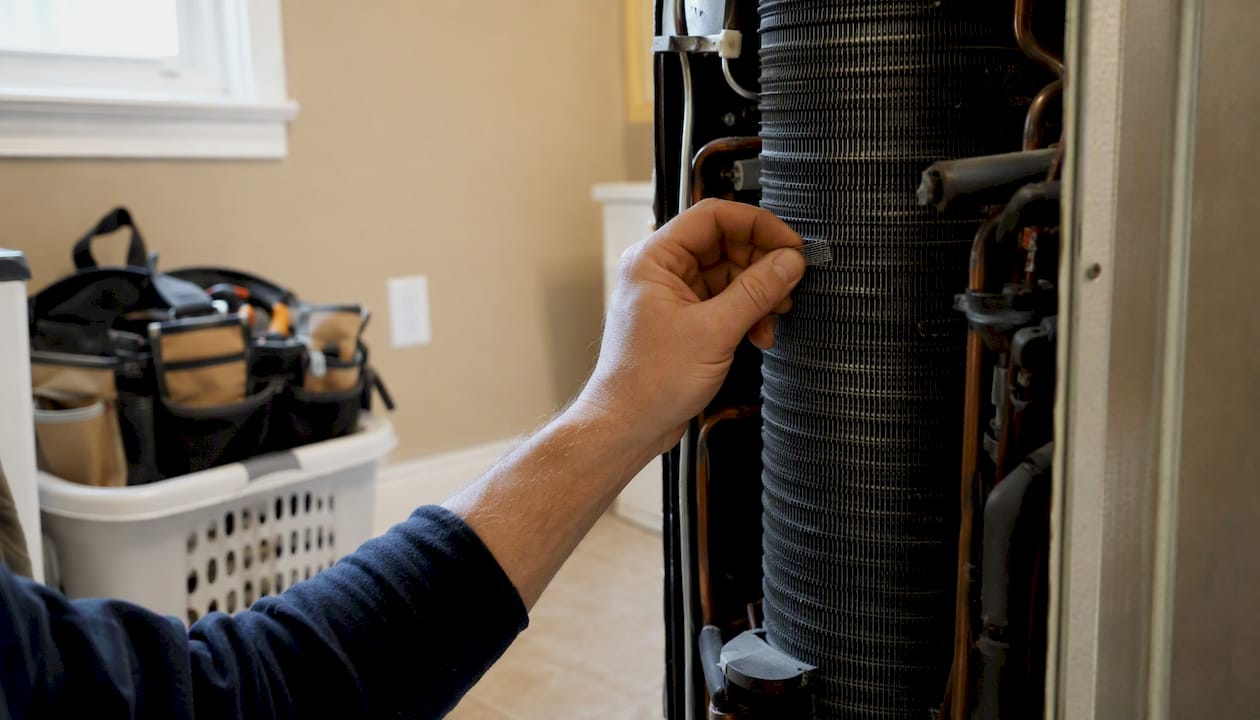 Technician hand adjusting heat pump coil