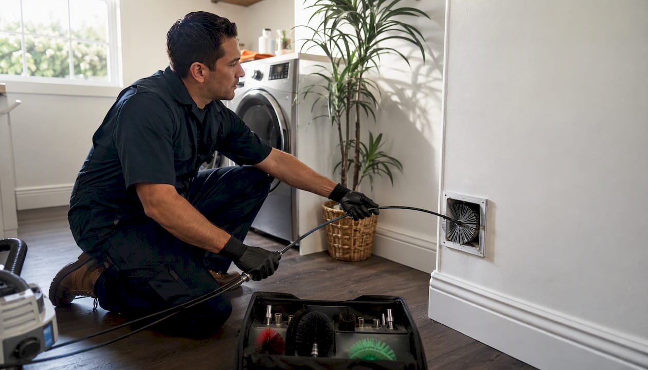 HVAC technician cleaning dryer vent duct
