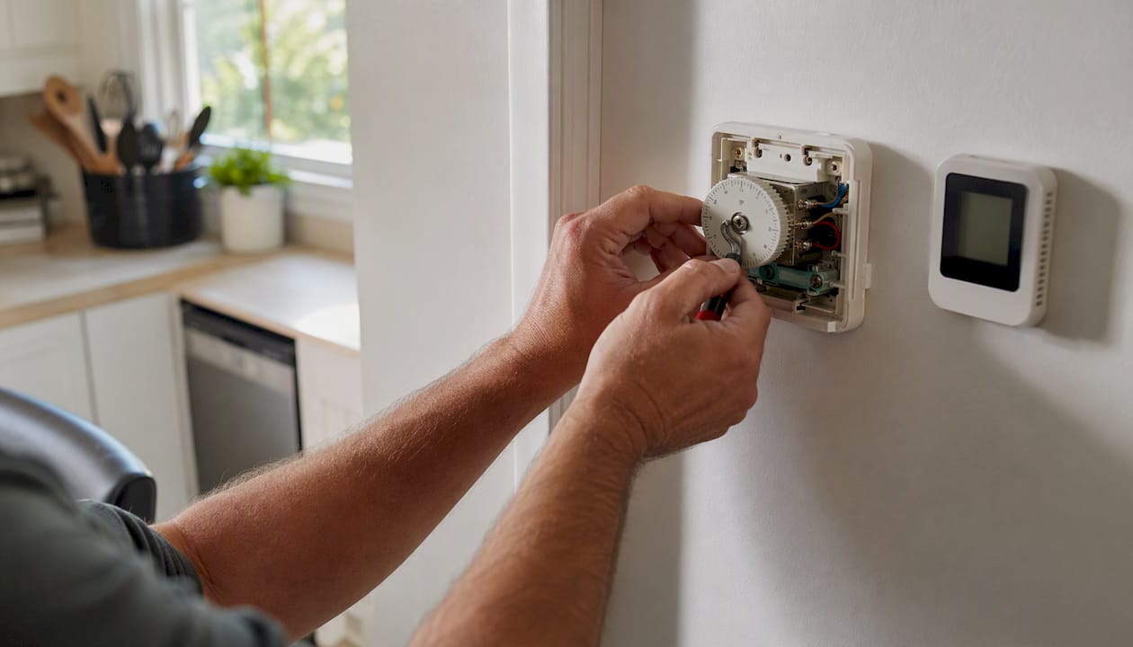 Hands adjusting thermostat calibration screw