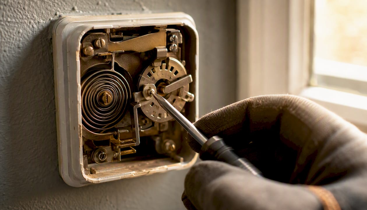 Mechanical thermostat internals being adjusted