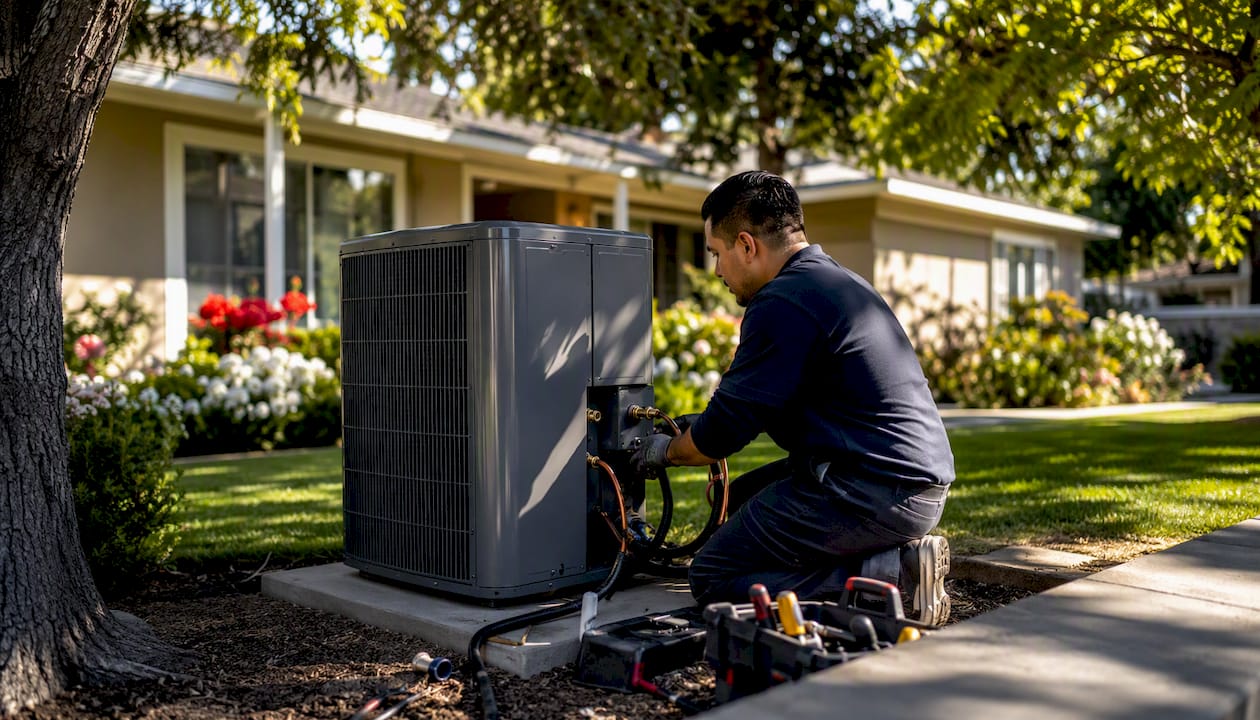 Technician installing outdoor heat pump unit