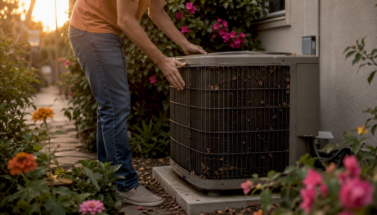 Homeowner inspecting outdoor AC condenser unit