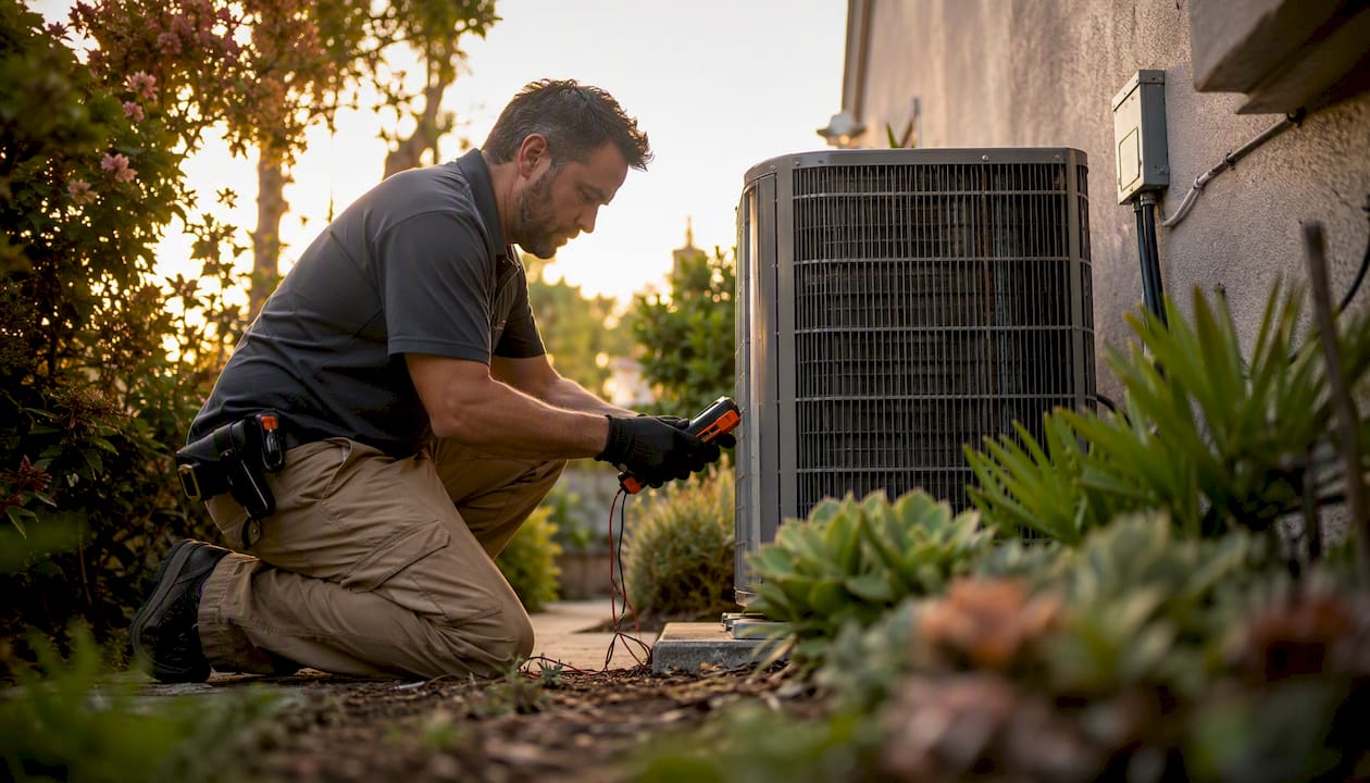 Technician inspecting home AC unit outdoors