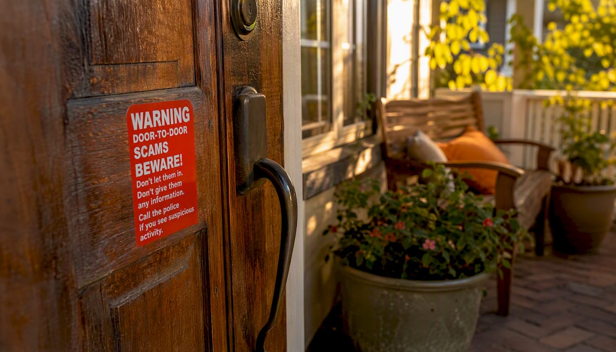 Warning sticker on residential door about scams