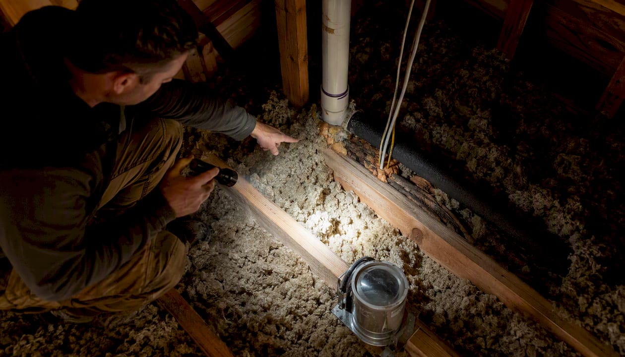 Homeowner inspecting attic insulation gaps