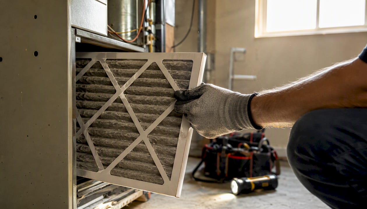 Technician replacing furnace air filter