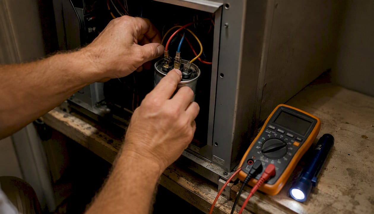 Hands rewiring HVAC start capacitor