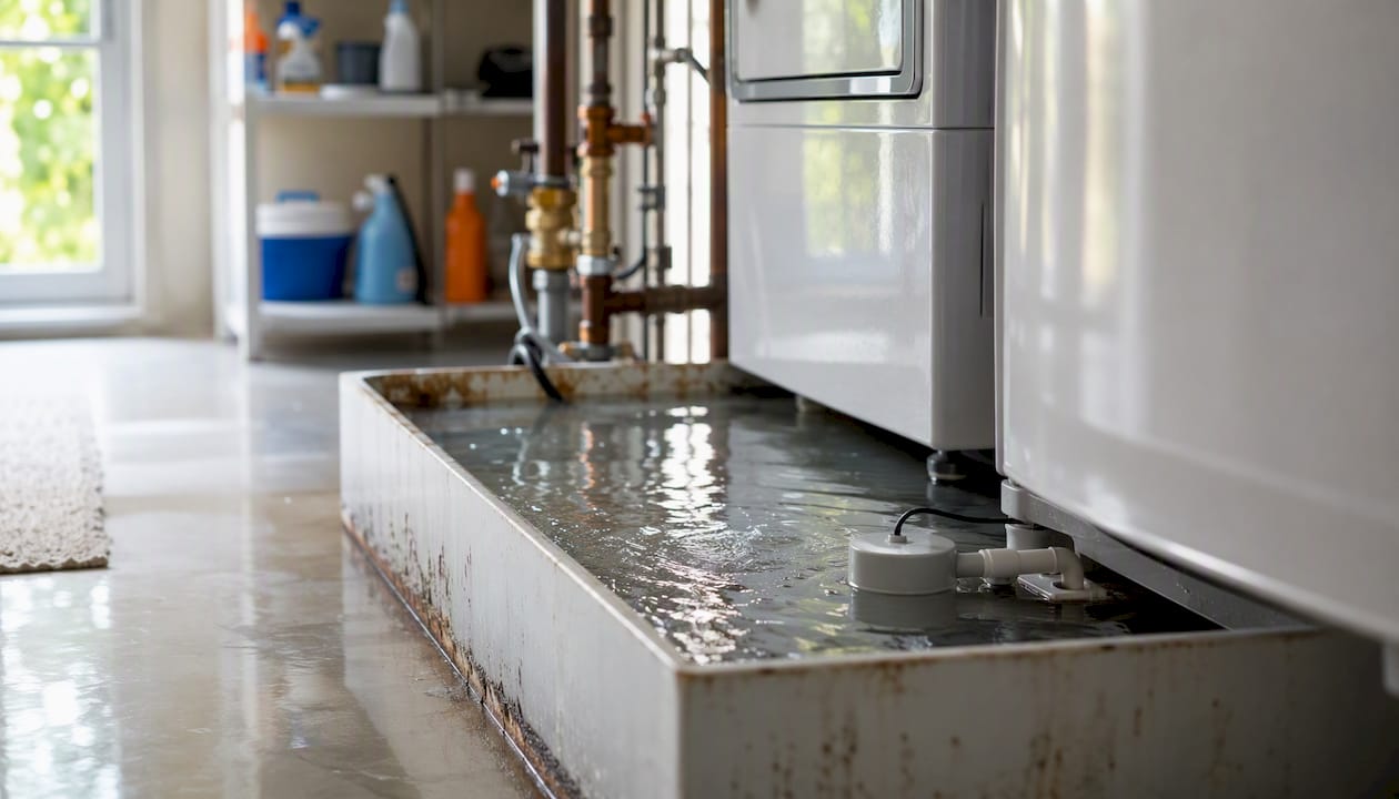Water-covered condensate drain pan with float switch
