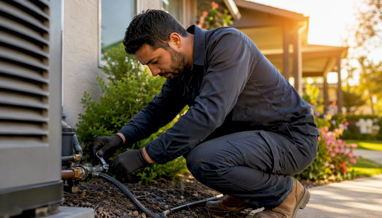 Technician tightening AC refrigerant line