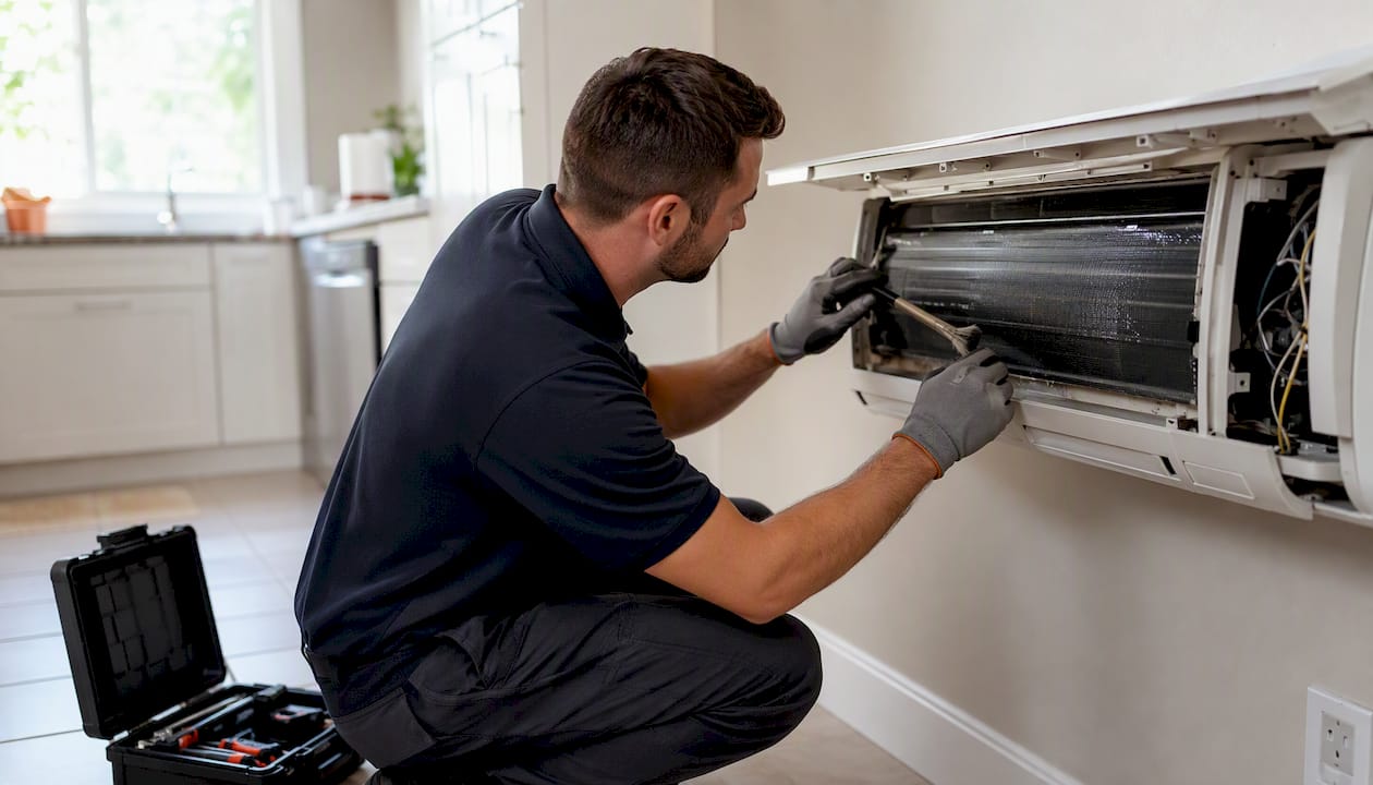 Technician conducting annual AC maintenance