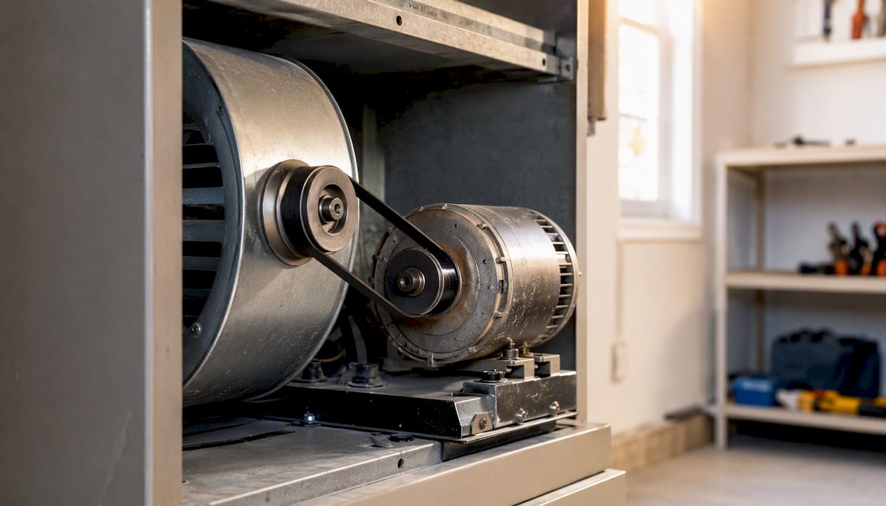 HVAC furnace fan belt and motor assembly close-up