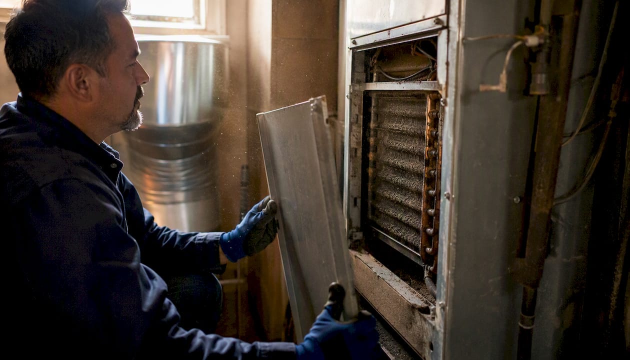 Technician inspecting furnace heating coils inside utility closet
