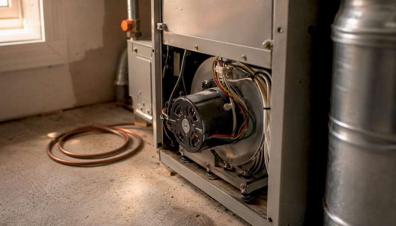 Close-up of furnace blower motor assembly