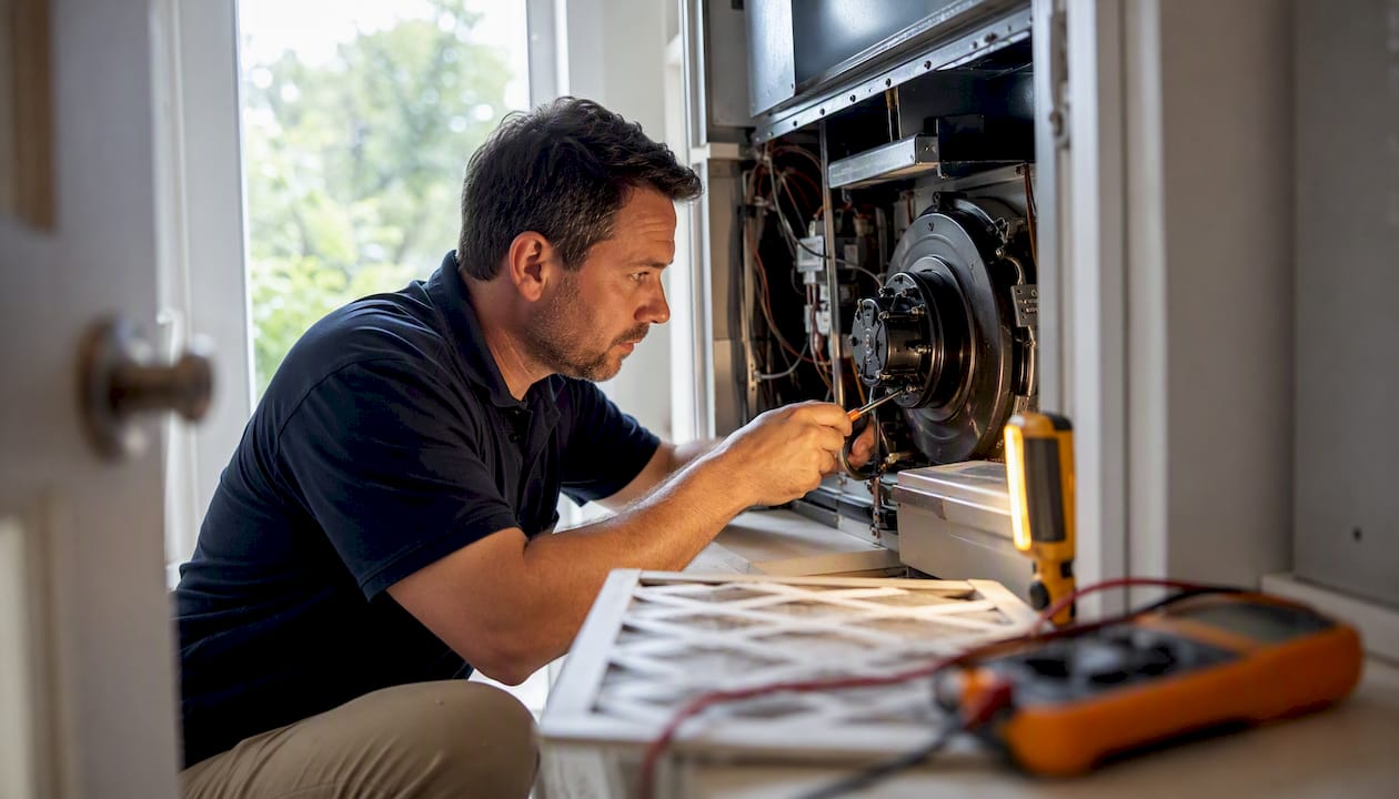 Technician inspecting residential HVAC blower motor