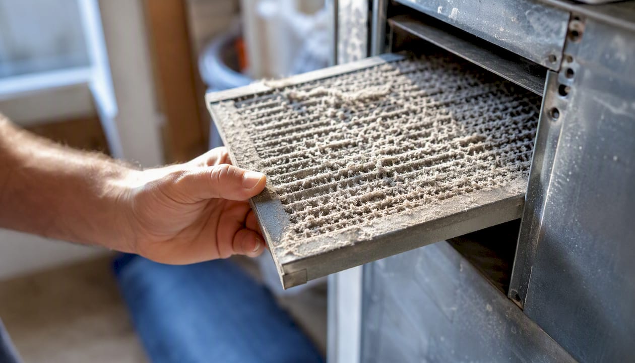 Dusty clogged HVAC air filter close-up