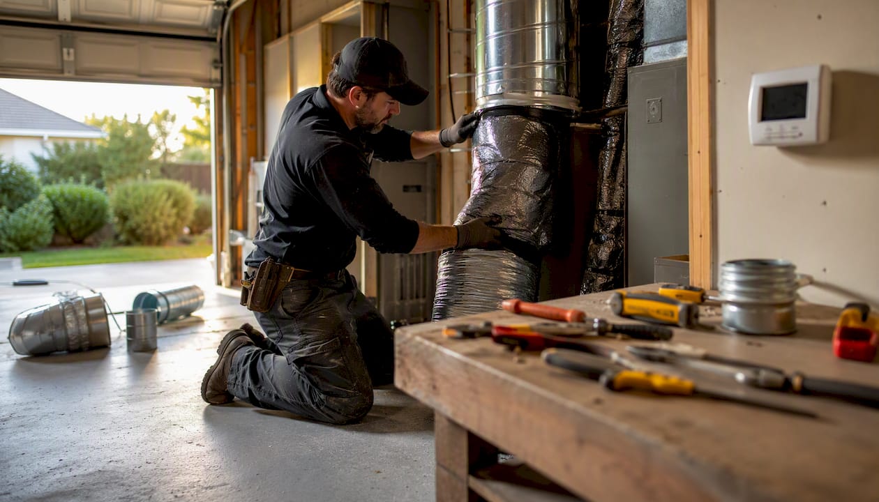 Technician installing ductwork in home retrofit