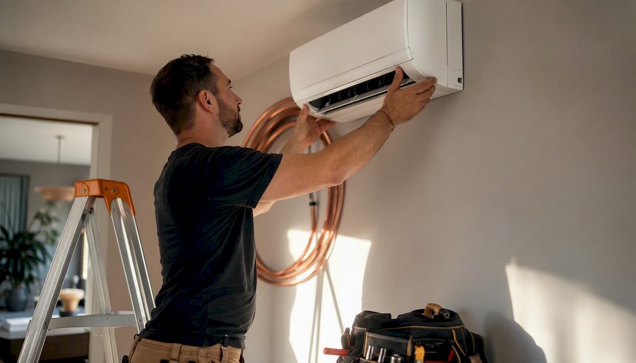 Technician installing ductless mini-split indoors