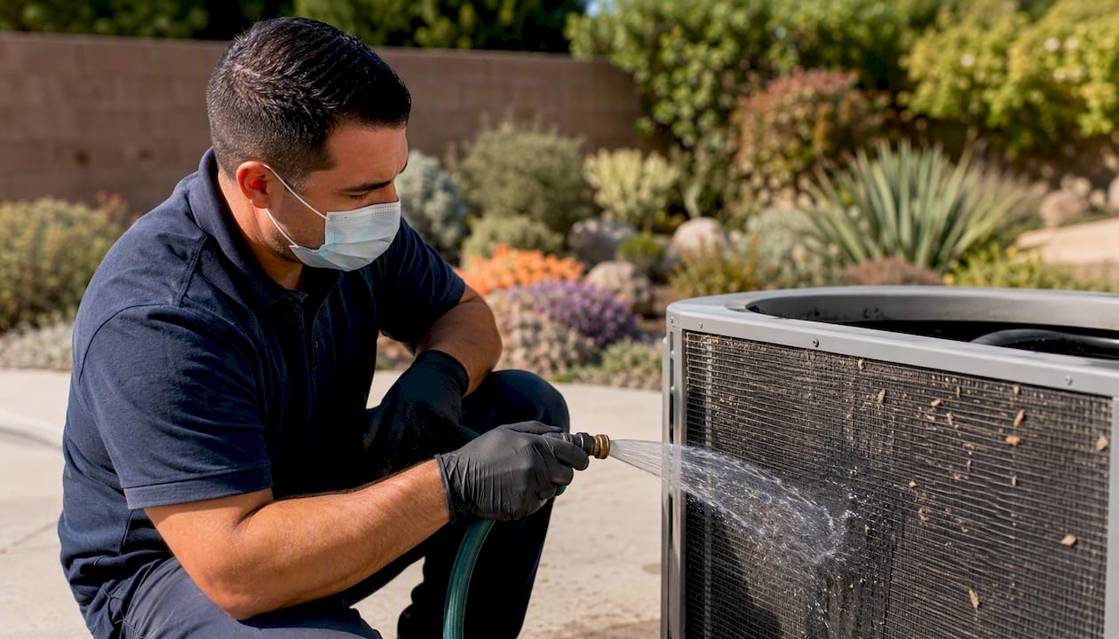 Technician cleaning AC condenser coil outdoors