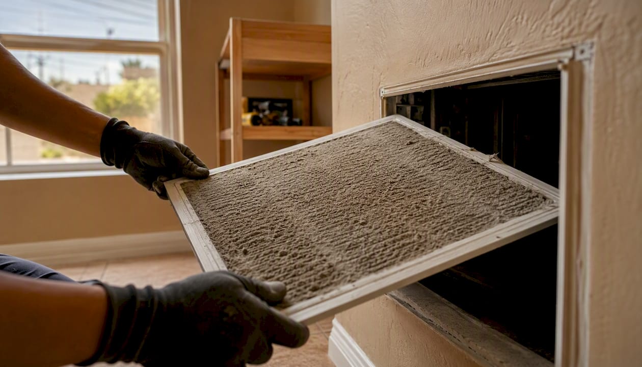 Gloved hands removing dirty AC air filter