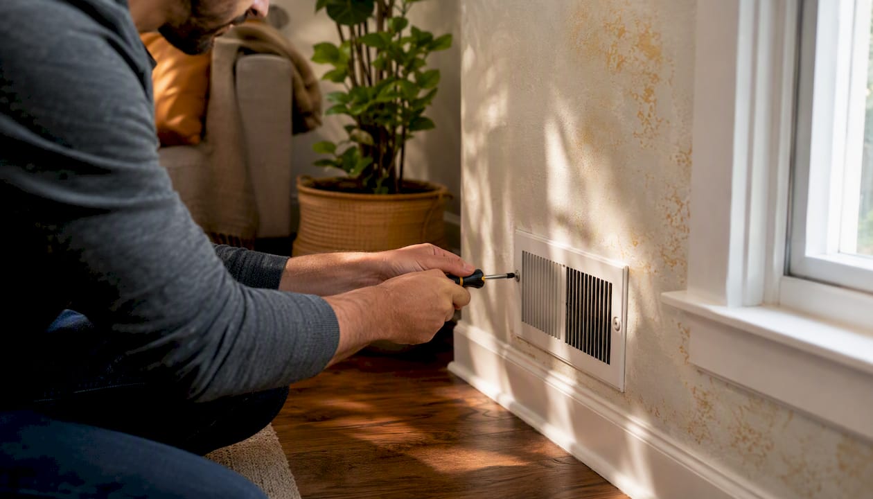 Hands removing AC vent cover inside home