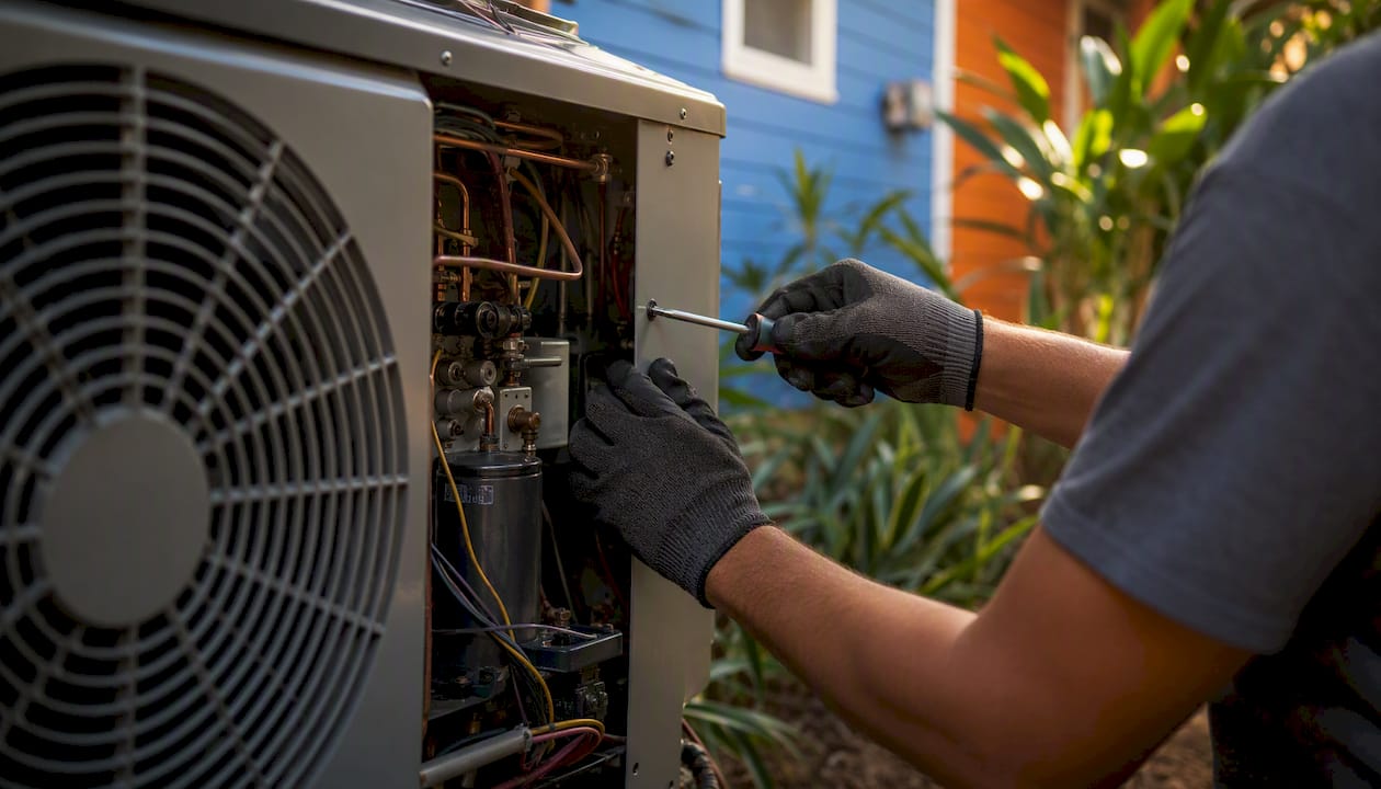 Technician inspecting outdoor AC unit