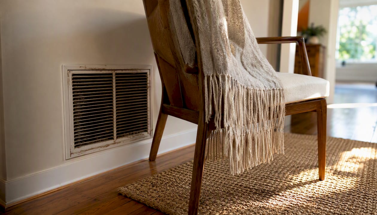Partially blocked return air grille with furniture and rug