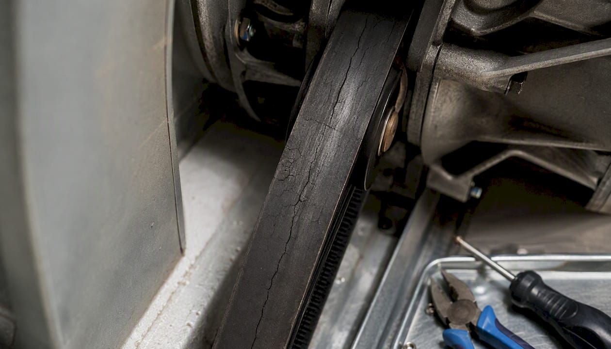 Close-up of worn blower belt in air handler
