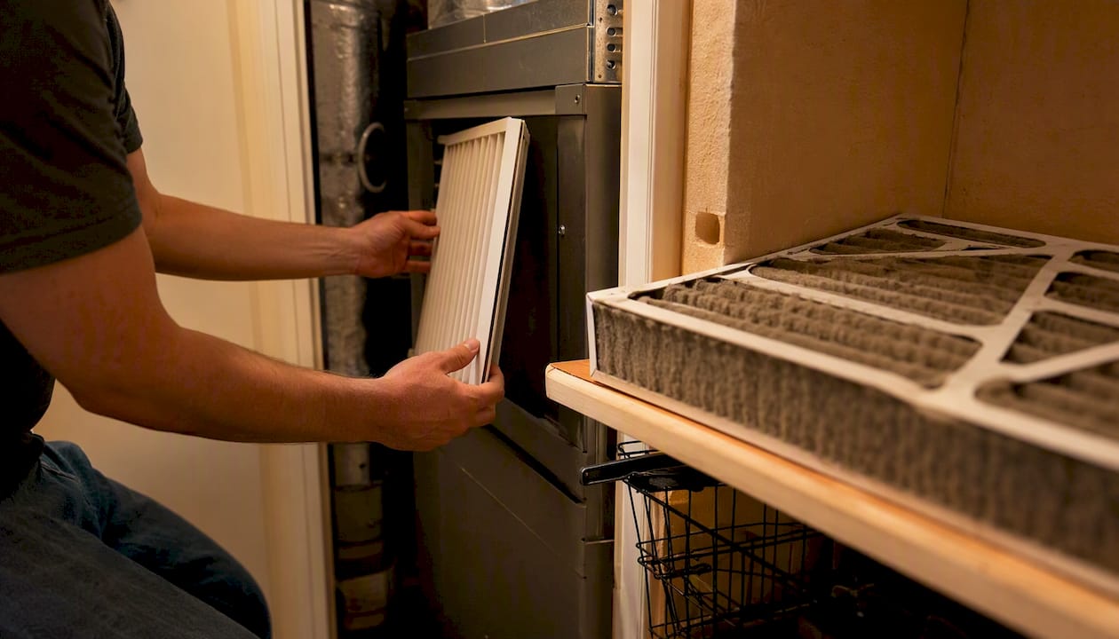 Technician replacing furnace air filter