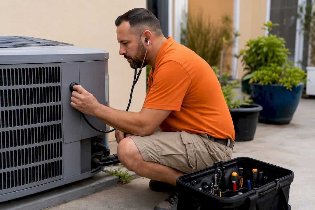Technician diagnosing noisy AC outdoor unit