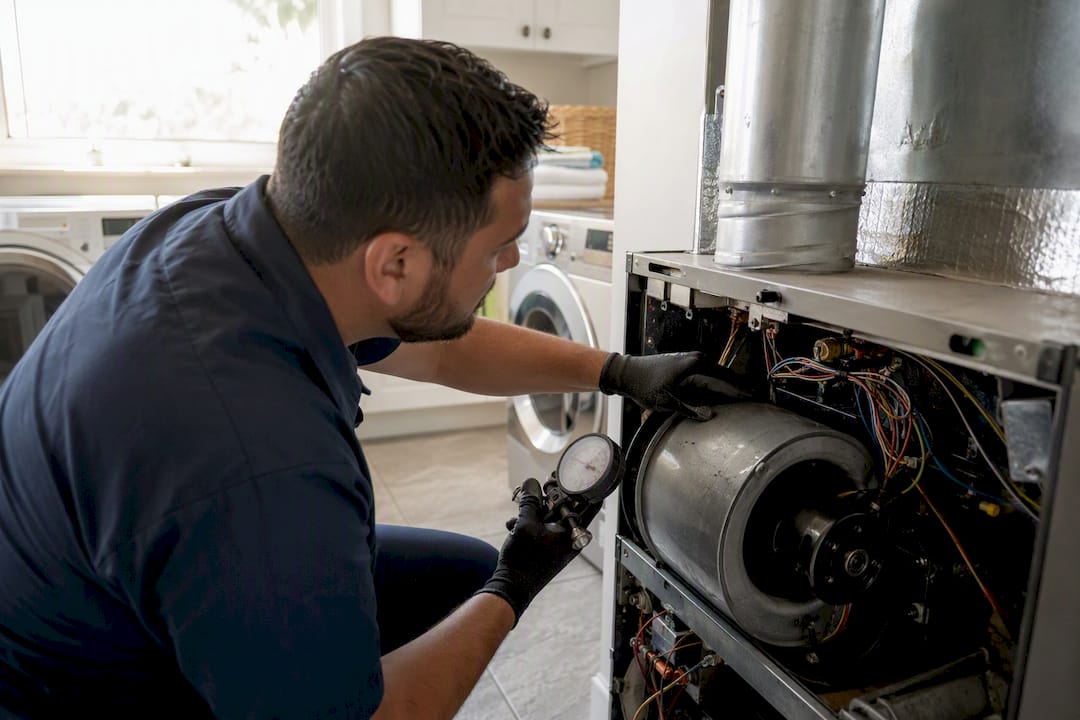 Technician checking HVAC blower motor components