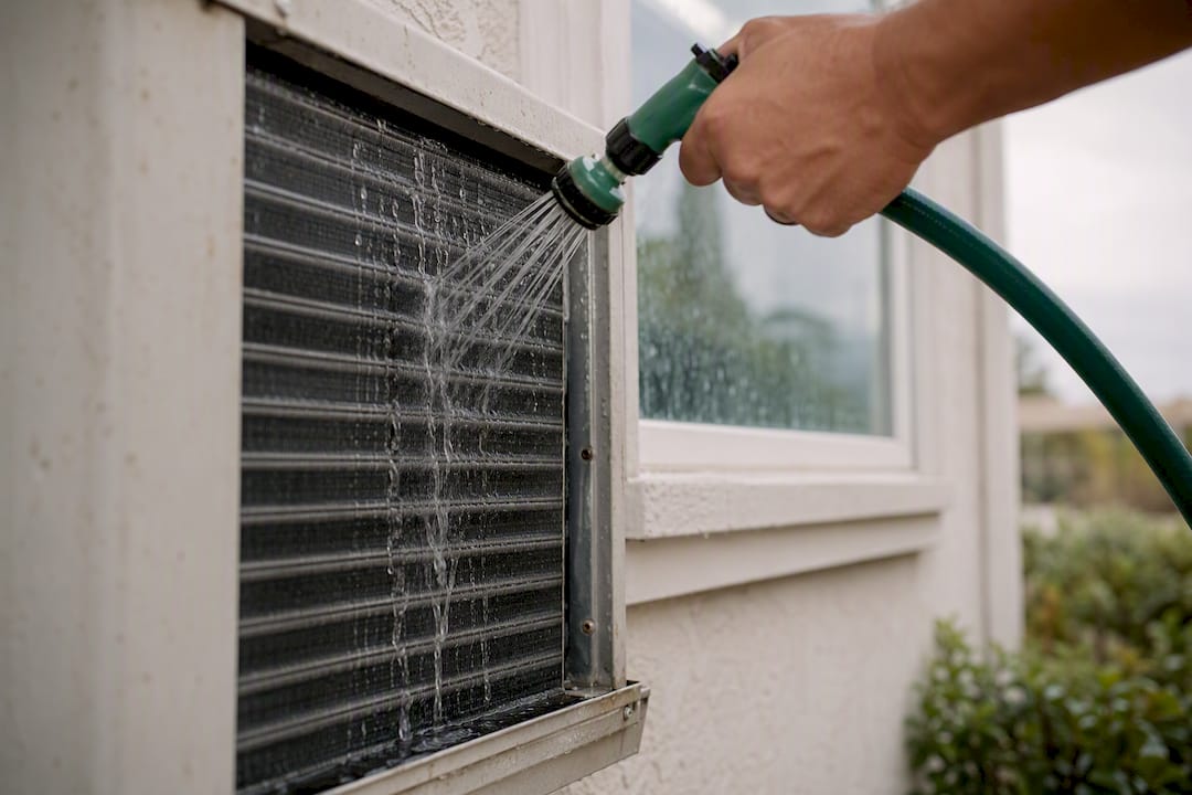 Coastal AC unit condensate rinsing close-up