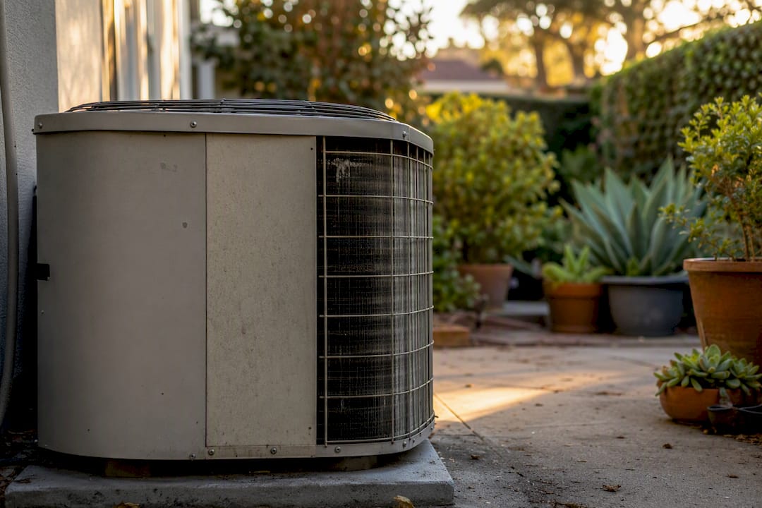 Outdoor aging residential AC unit in backyard