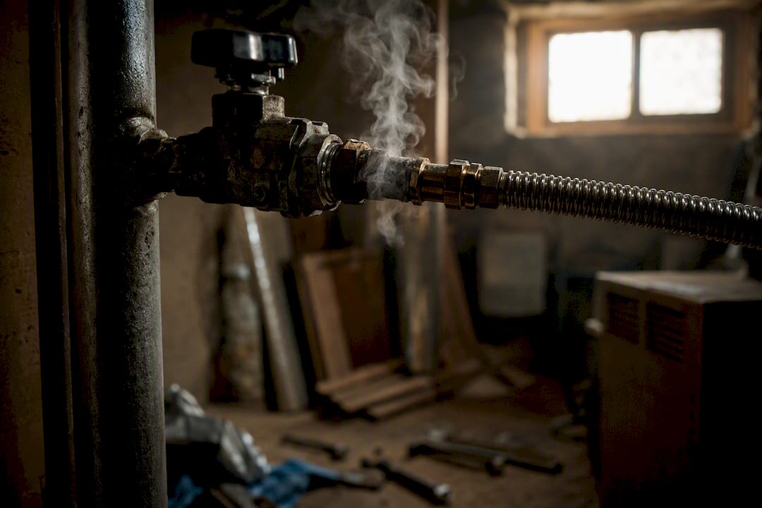 Gas valve with faint leak vapor visible