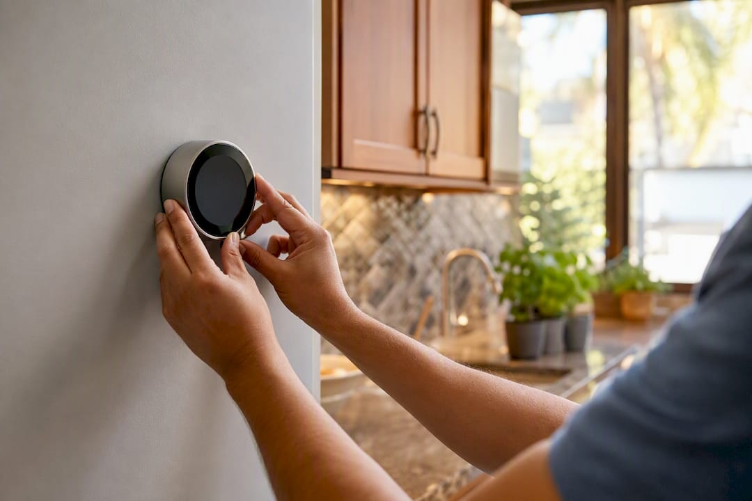 Hands adjusting smart thermostat controls
