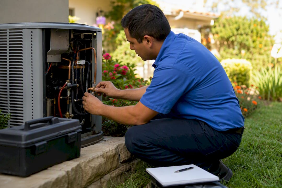 Technician inspecting HVAC unit outdoors